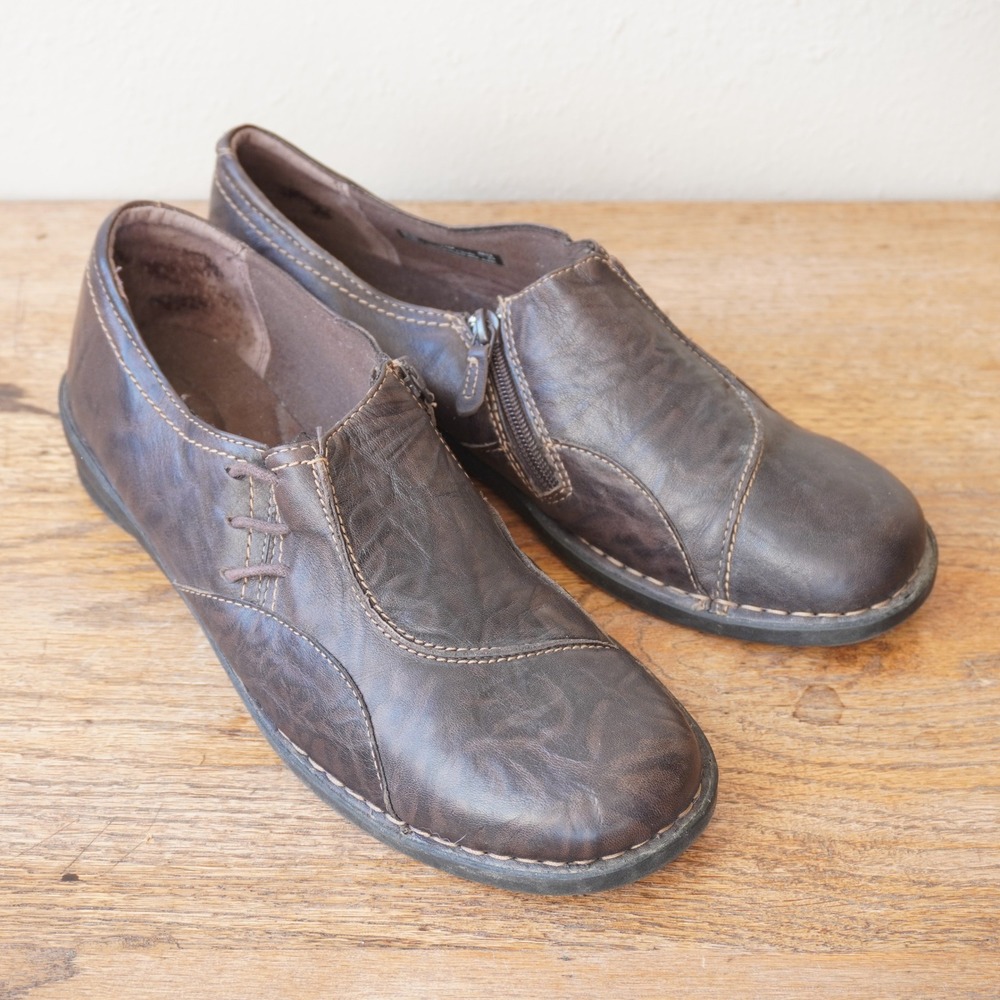 Clarks Women 11M Brown Leather Loafers Bendables Side Zip Comfort Shoes Casual